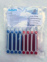 Packaged Lyly straps with blue and red colors on a white background